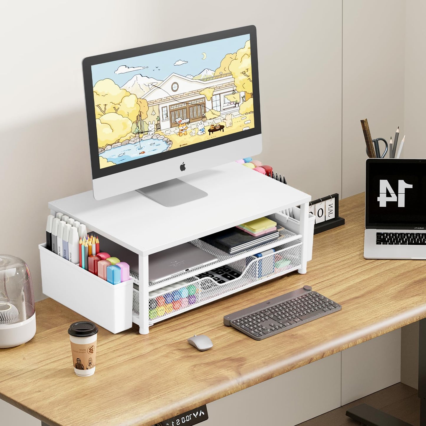 OPNICE Desk Organizers and Accessories, Computer Monitor Stand Riser with Drawer and 2 Pen Holders