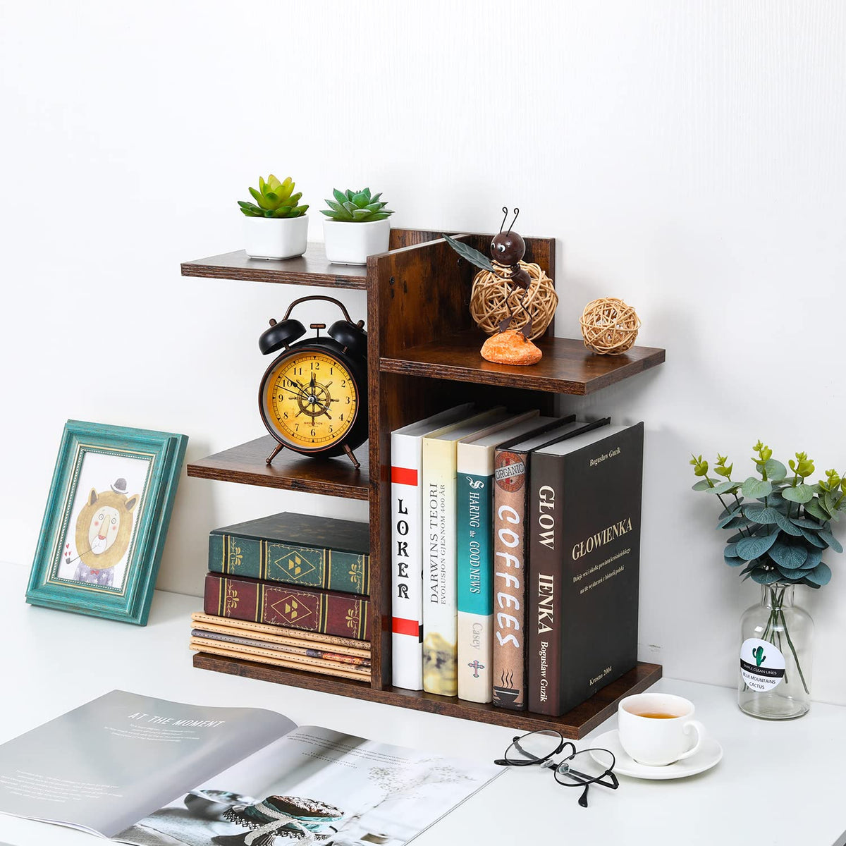 PAG-Mass Desktop Bookshelf Freestanding Wooden Countertop Bookcase Accessories Organizer Display