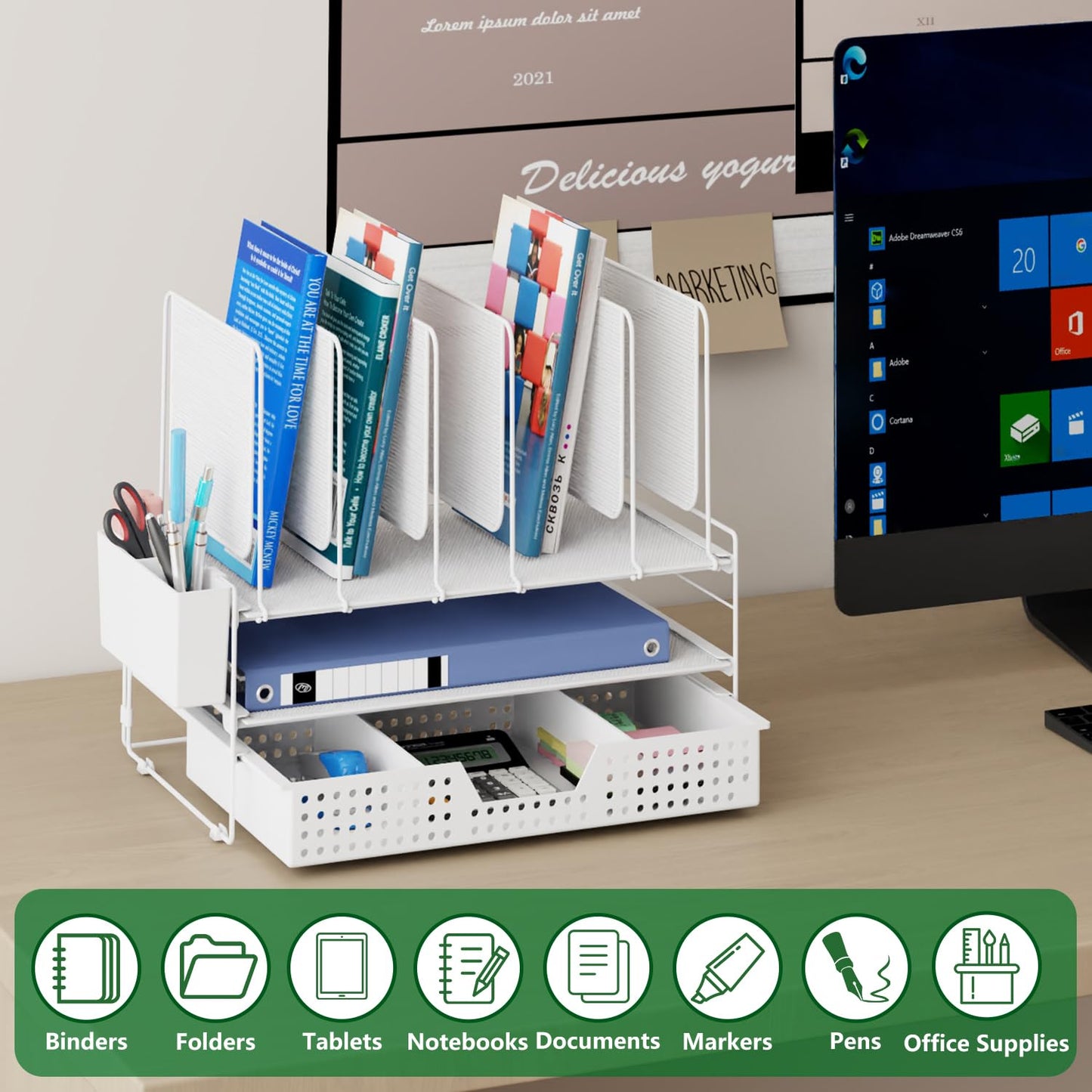 LEKETREE Desk Organizer, Office Organization with Vertical File Holder, File Organizer with Drawer