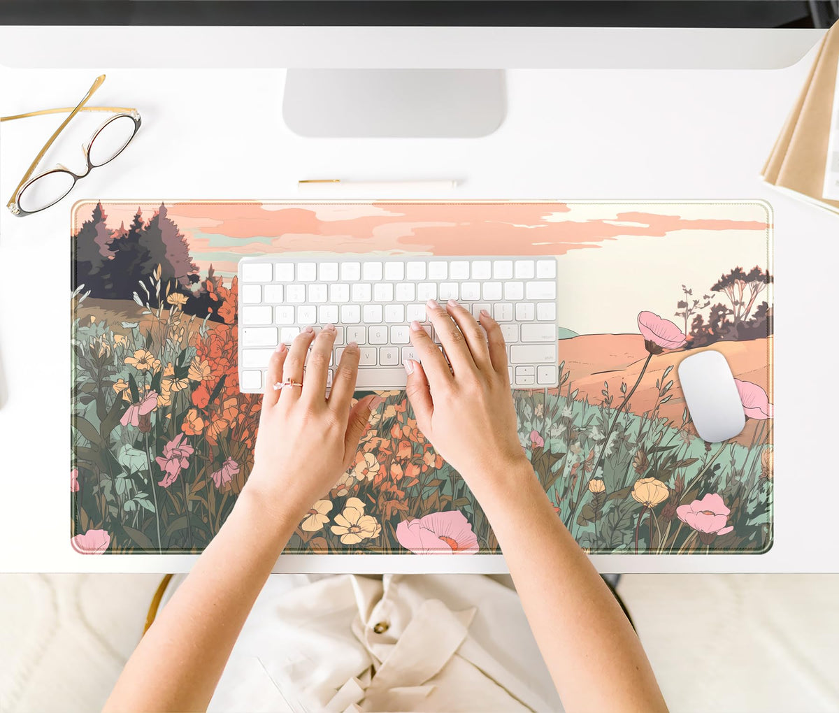 Desk Mouse Pad Large Desk Mat Botanical Flowers Mouse Mat Gaming, Extended Floral Keyboard Pad XXL