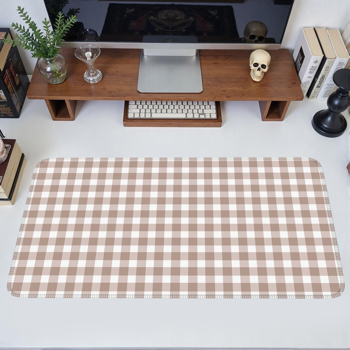 Brown Checkered Gingham Desk Mat Pad XXL Large Mouse Pad Anti-Slip Big Mousepad with Stitched Edges