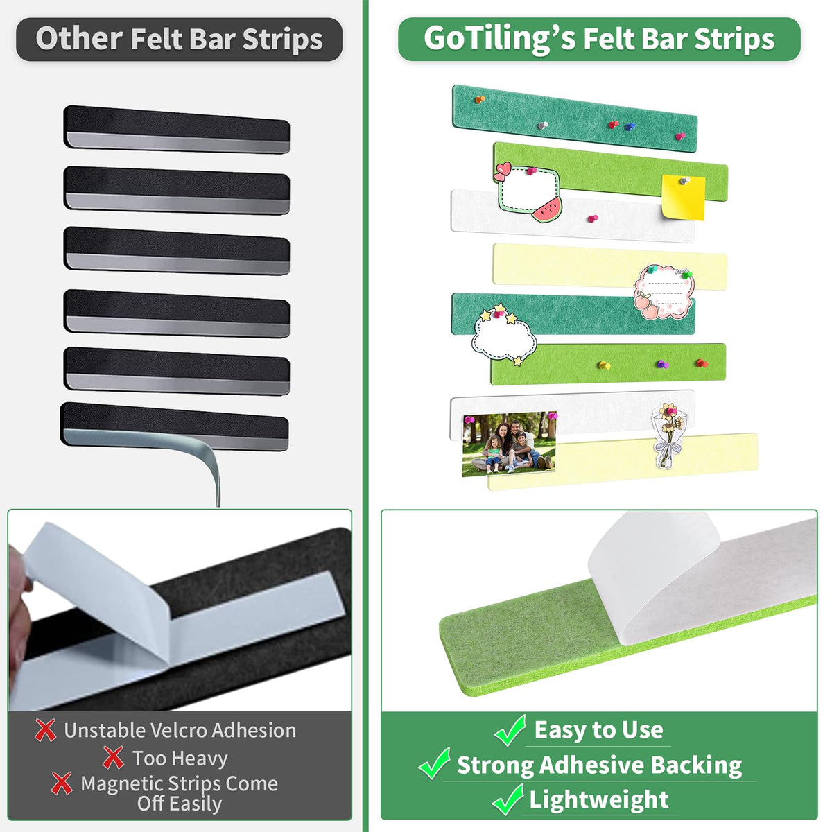 GoTiling Cork Board for Walls - 8 Pack Felt Pin Board Bar Strips - Self-Adhesive Lightweight