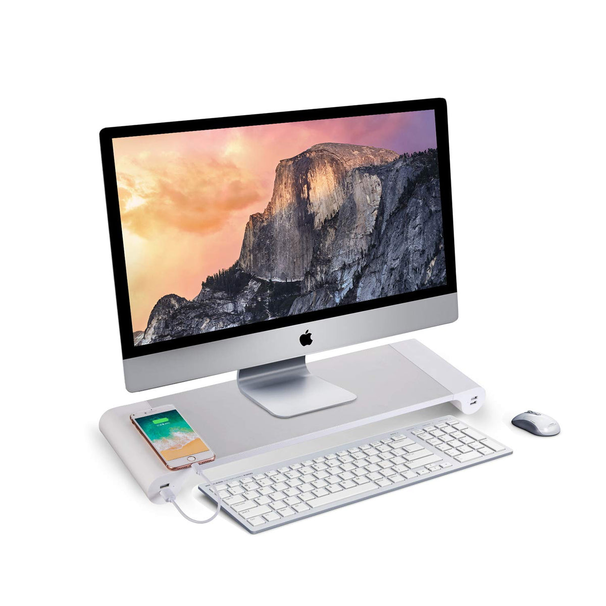 PG Silver Monitor Stand Riser with 4-Port USB Charging ports, Convenient keyboard organiser,Desktop