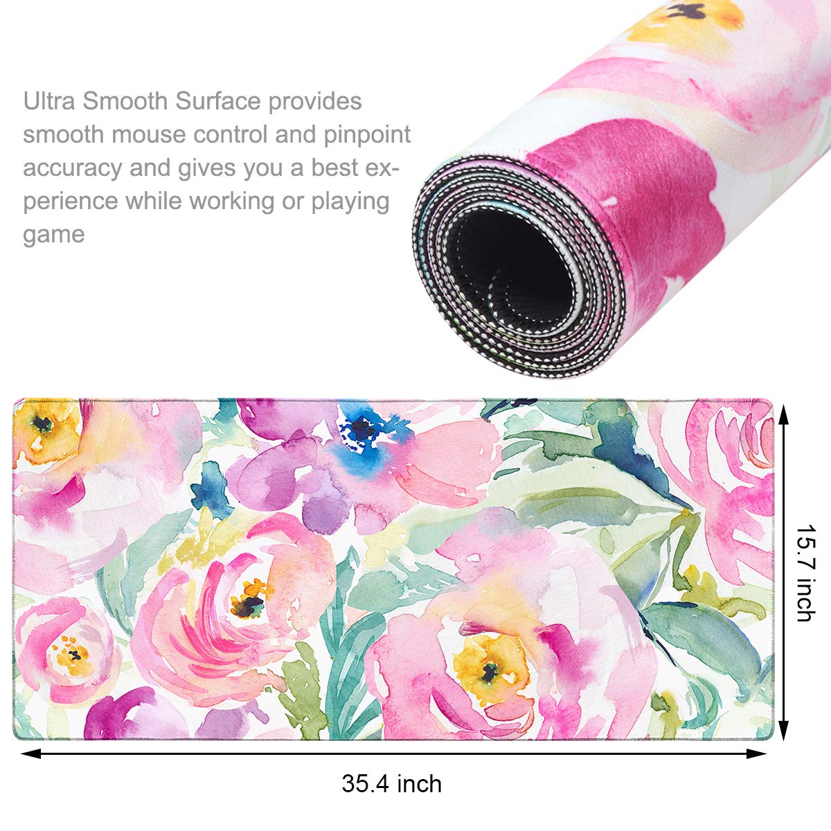 HAOCOO Floral Extended Desk Pad, Large Mouse Mat With Edge Stitching, 2 MM Thick Waterproof