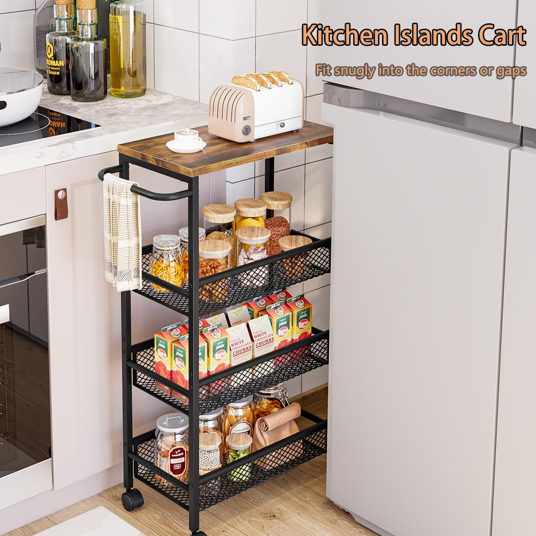 AZERPIAN Slim Rolling Cart 4 Tier Narrow Storage Cart on Wheels with Handle