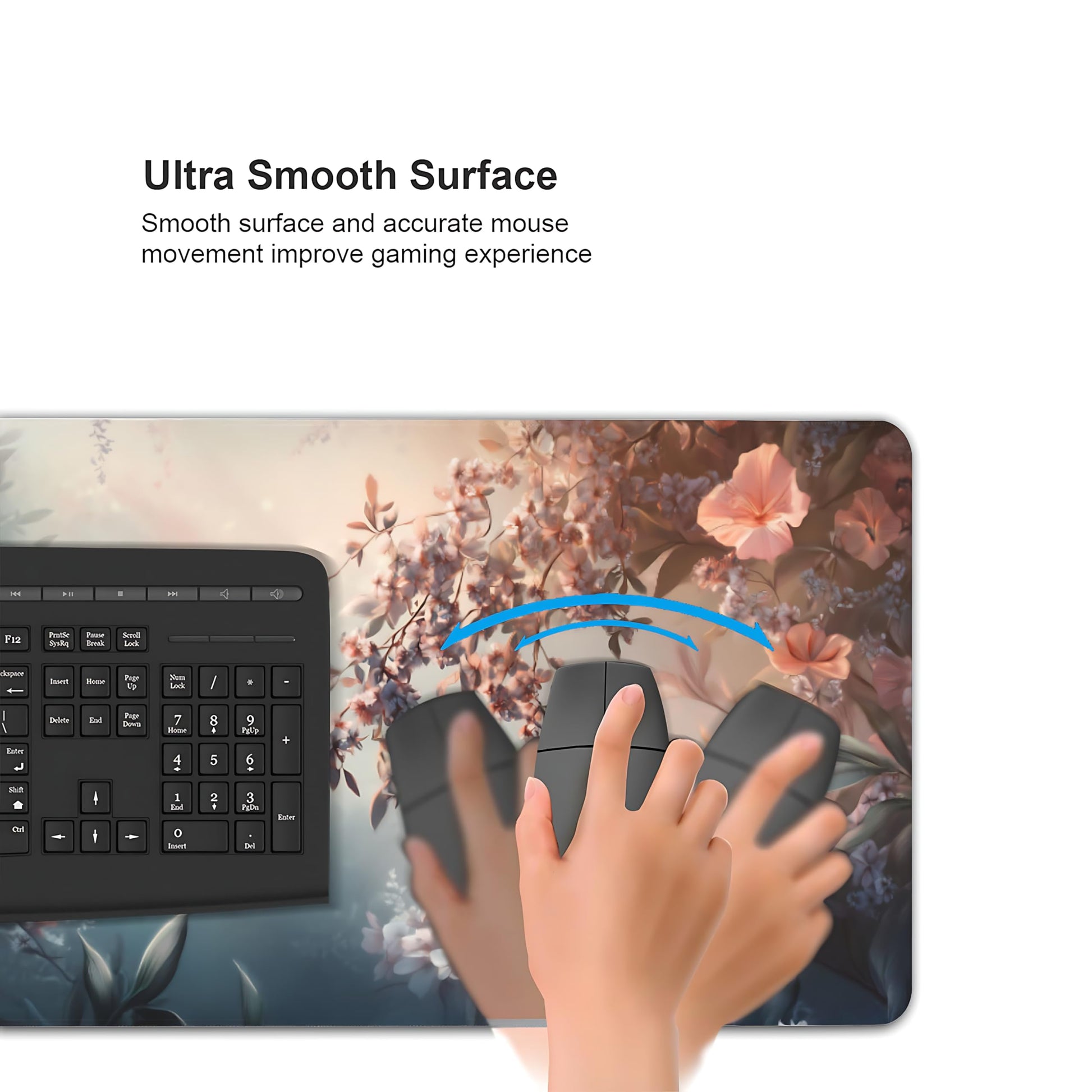 Cute Floral Aesthetic Azalea Gaming Mouse Pad, Ink Blue Red Dreamy Desk Mat with Anti-Slip Base &