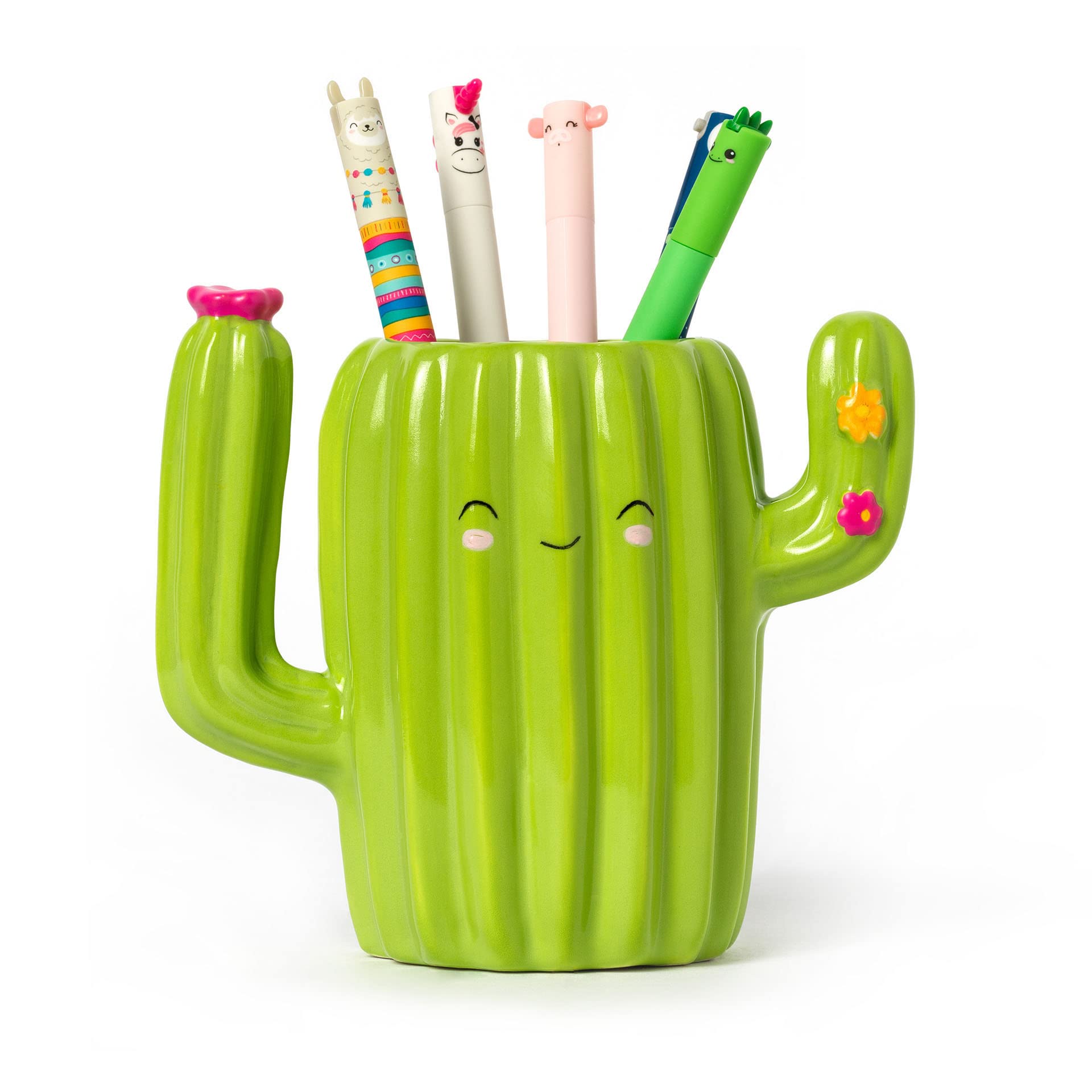 LEGAMI - Ceramic Pen Holder, Desk Friends, 12.5 x 7.5 cm, Cactus Theme, Hand Painted
