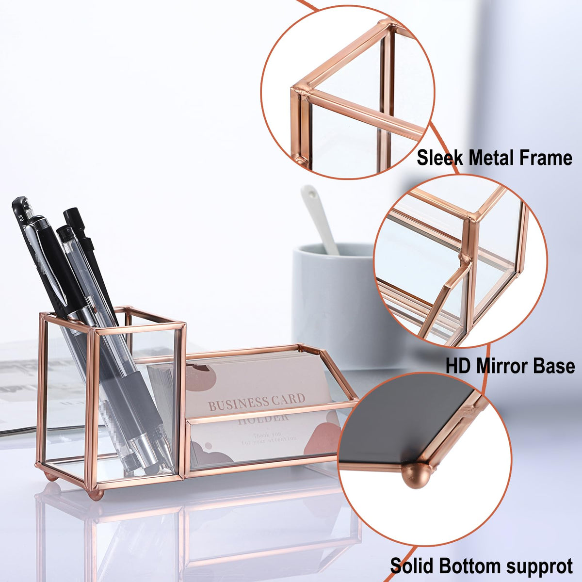 Hipiwe Glass Business Card Organizer with Pen Holder for Women, Rose Gold