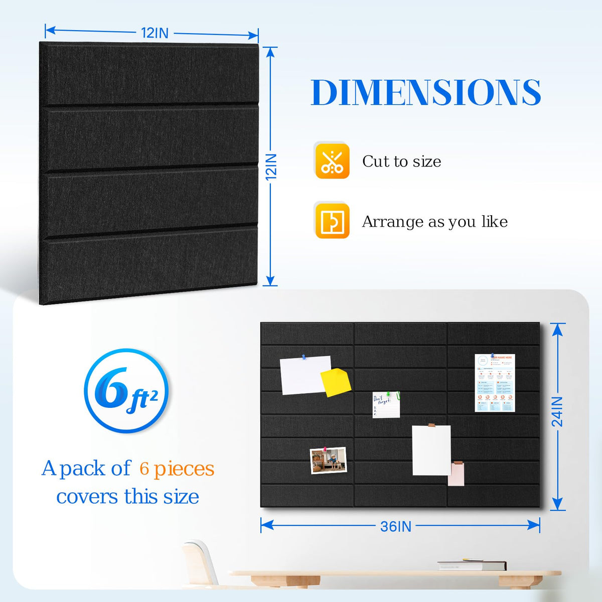 DOLLAR BOSS Felt Cork Board Tiles 6Pcs 12"x12" Bulletin Board, Black Stripe