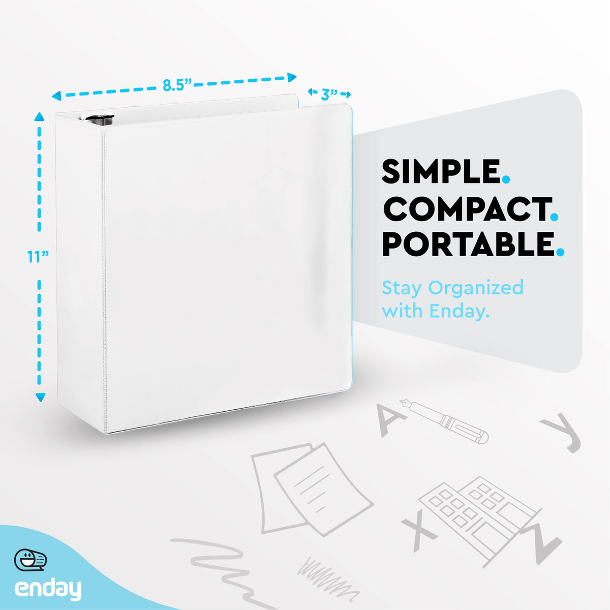 Enday 3 Inch Binder White 3 Ring Binder 3 Inch, Heavy Duty Three Ring Binder, 600 Sheets Capacity
