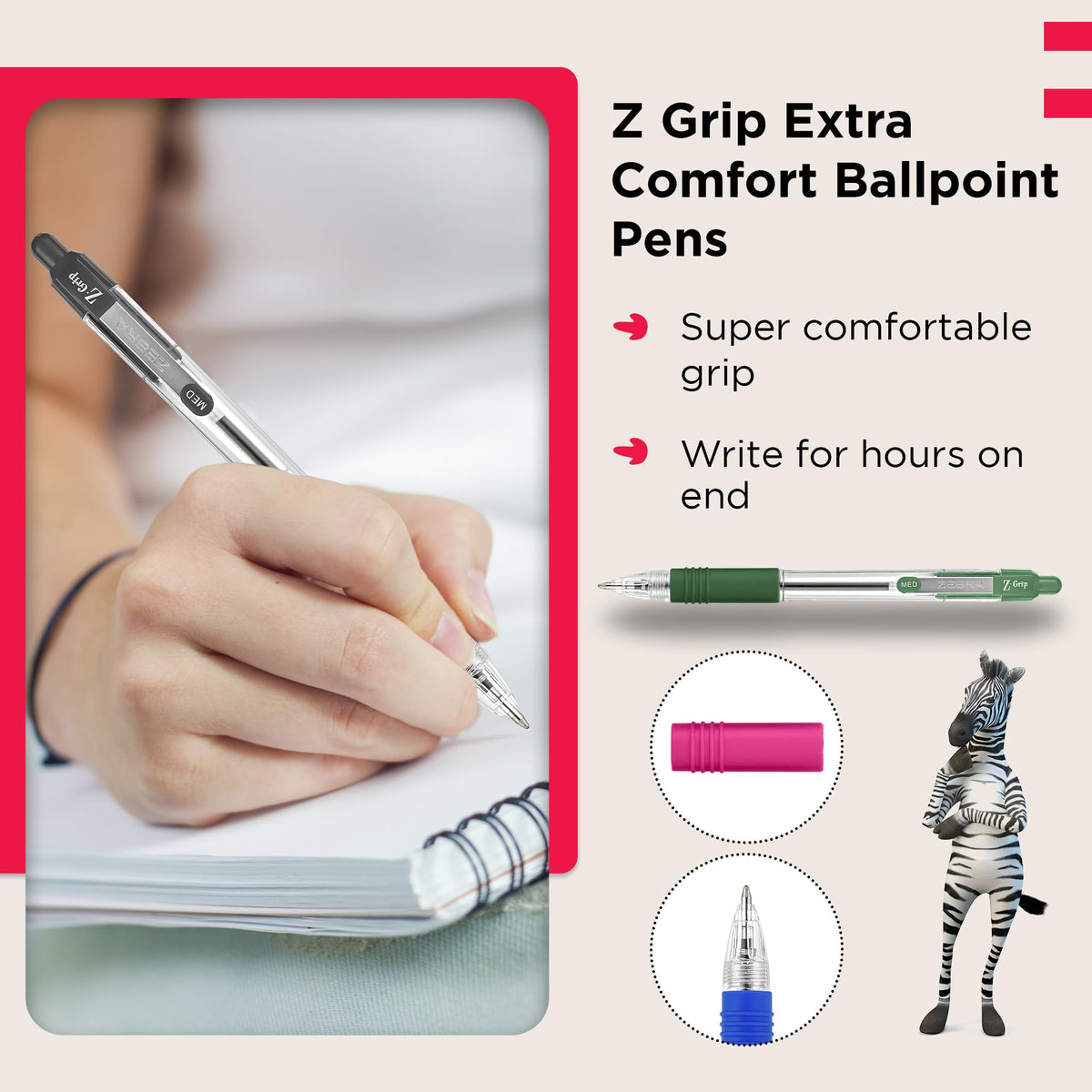 ZEBRA Z GRIP Assorted Ballpoint Pens, Retractable with Smooth Ink, Comfortable Grip and Pocket Clip