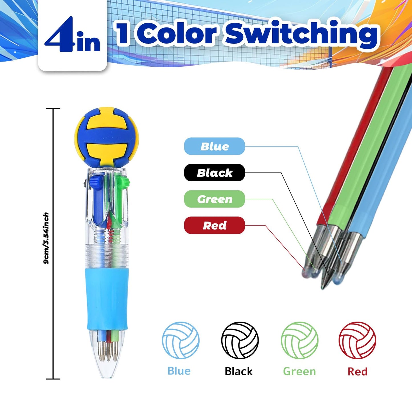 Zhirlyn Volleyball Party Favors Volleyball Pens Mini Multicolor Pen in One Cute Fun 4-in-1 Pens