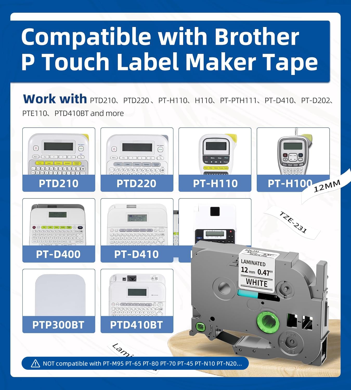 Replace for Brother P-Touch Label Tape 12mm 0.47" Laminated White