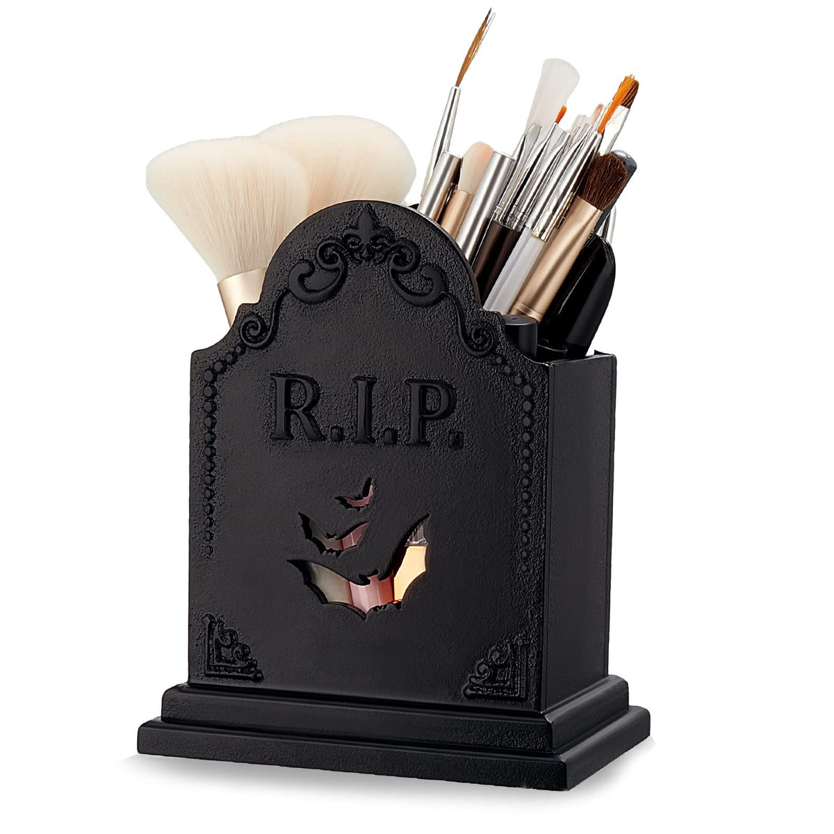 Gueevin Gothic Tombstone Makeup Brush Holder, Wooden Goth Pen Organizer