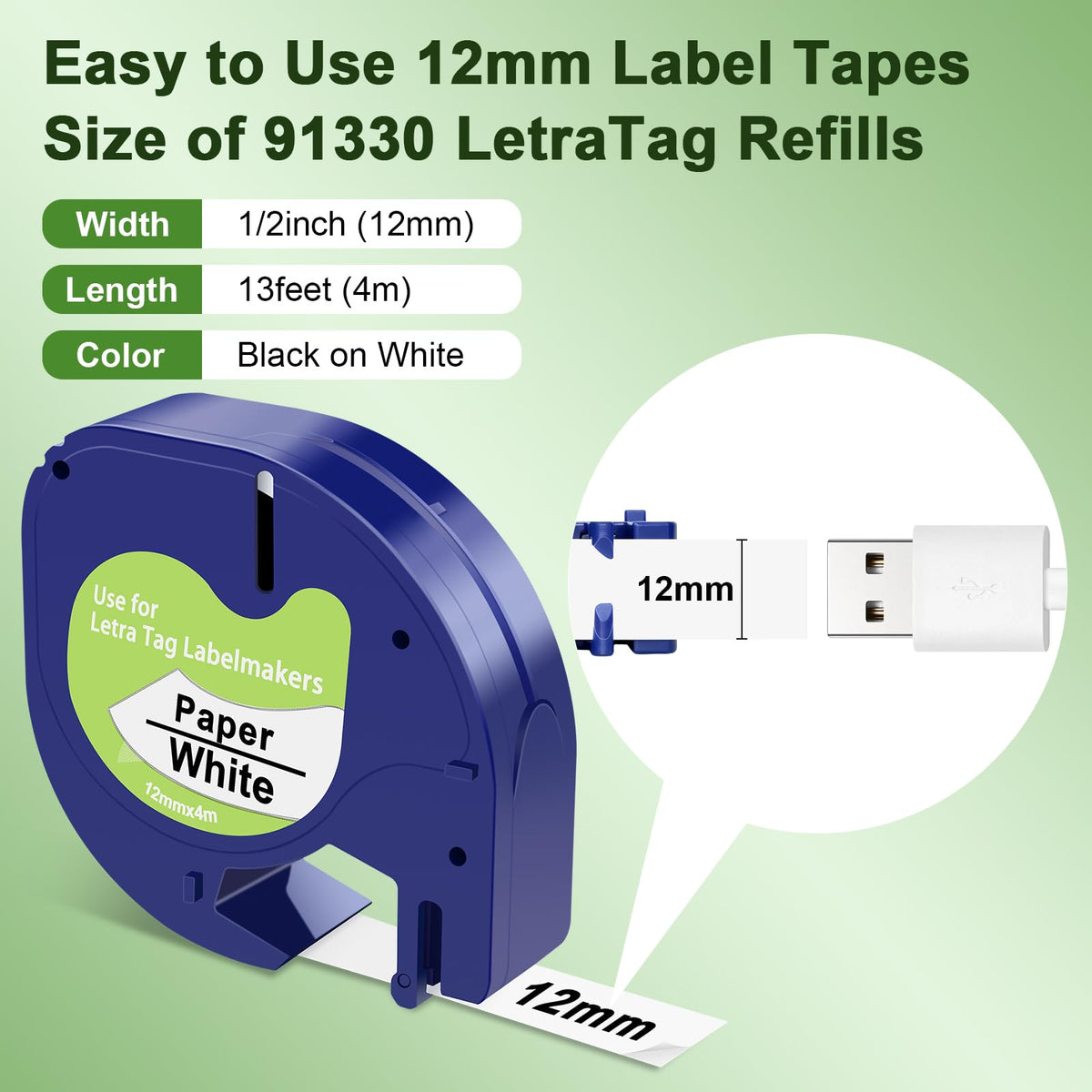 Compatible with Dymo LetraTag Label Maker Refills 91330 White Tape 12mm x 4m (1/2" 13') for Letra
