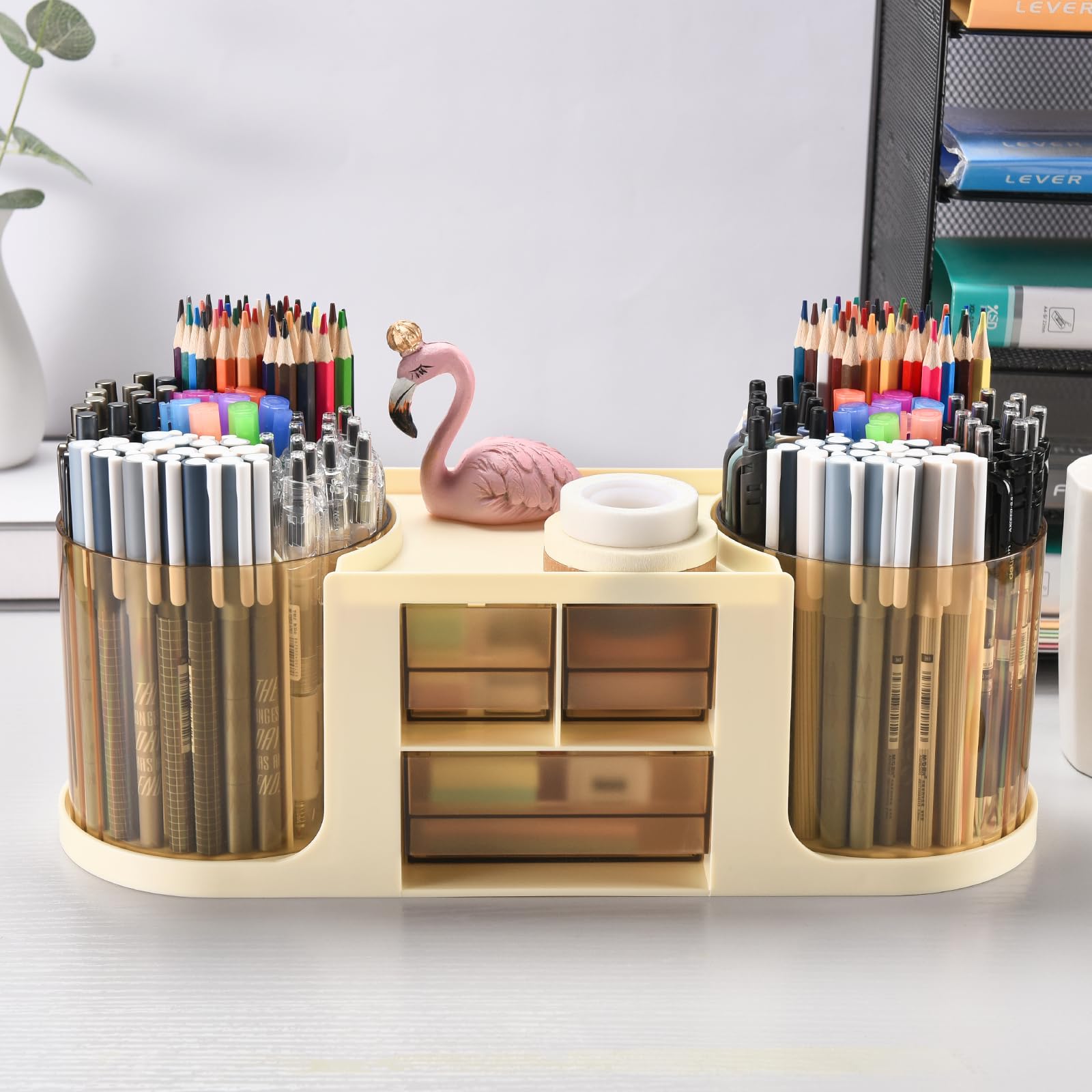 KLIONGO Rotating Desk Organizer with 2 Pen Holder, Desk Organizers and Accessories with 10 Slots