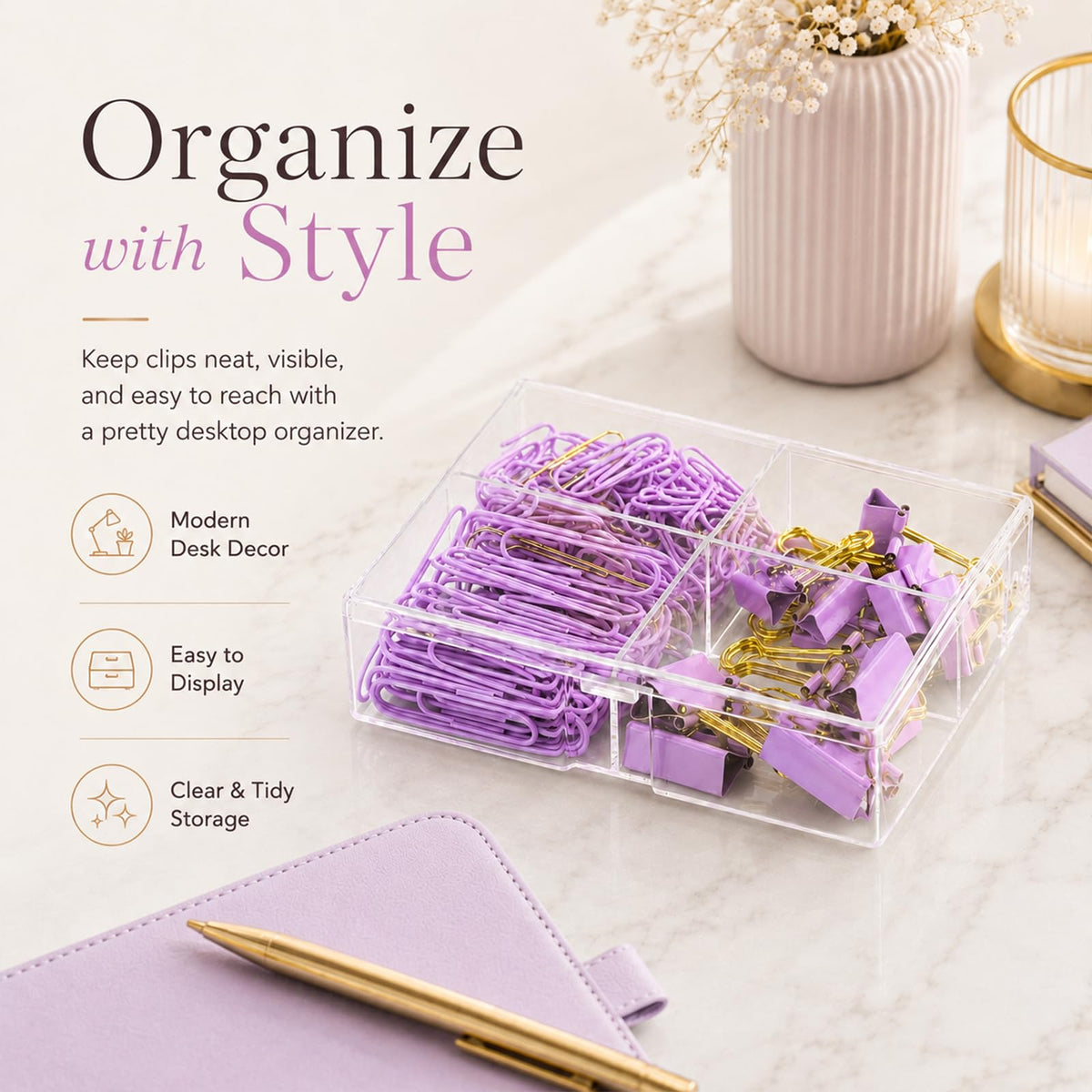 Creechwa Paper Clips and Binder Clips Set, Purple & Gold, Assorted Size Clips