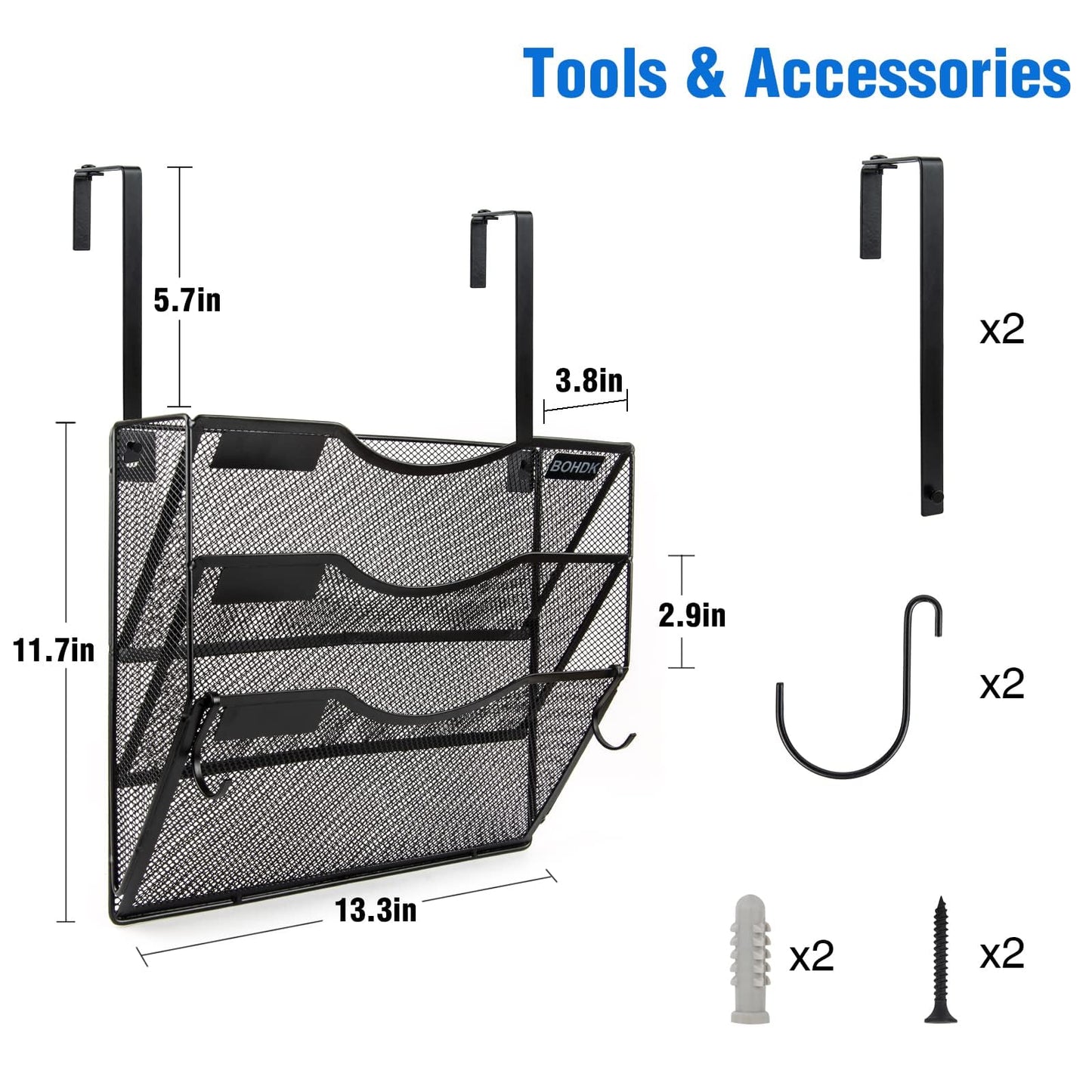 BOHDK Wall File Organizer, 3 Tire Hanging File Folder Mail Organizer, Vertical Mesh Metal Door/Wall