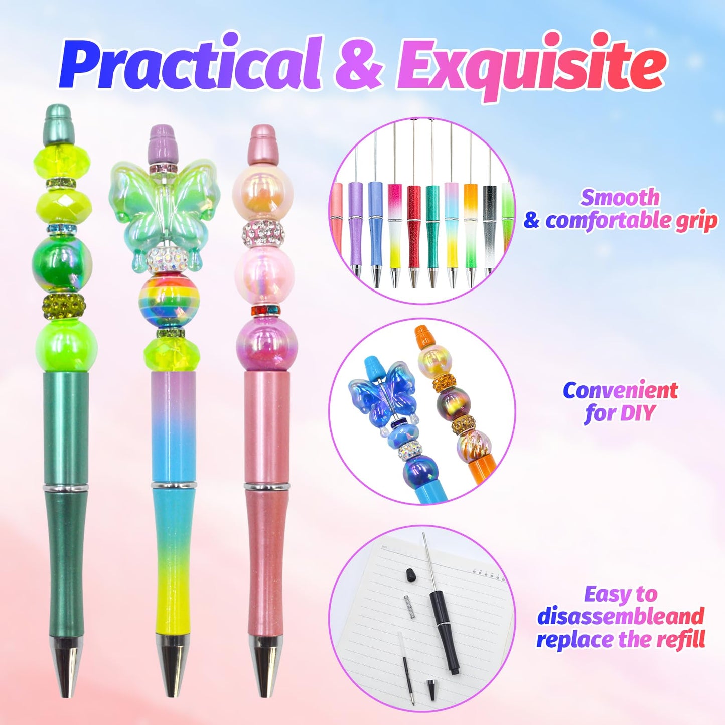 DASTTUIS 300 Pieces DIY Beadable Pen Kit – 100 Plastic Ballpoint Pens with Refills & Bags – School