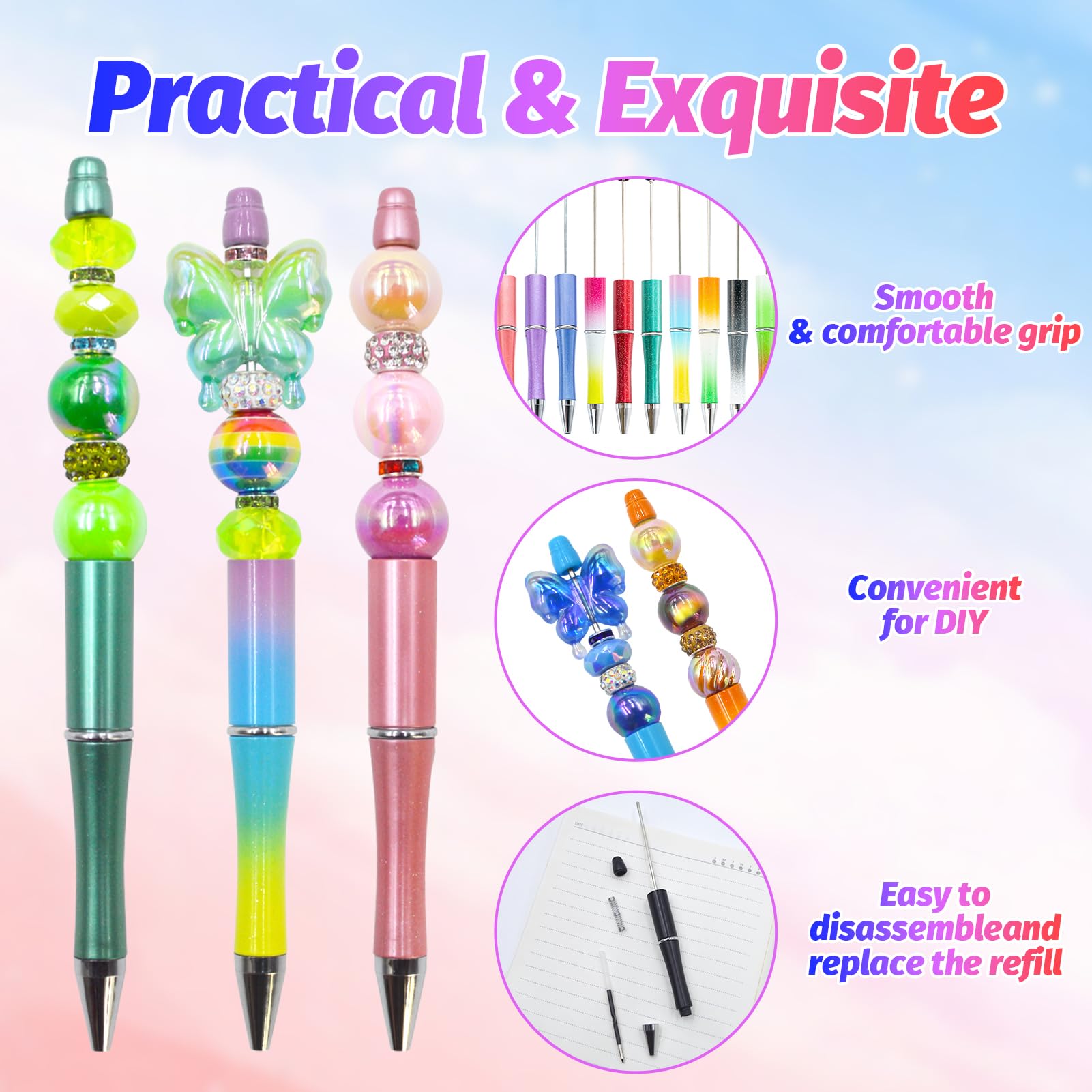 DASTTUIS 300 Pieces DIY Beadable Pen Kit – 100 Plastic Ballpoint Pens with Refills & Bags – School