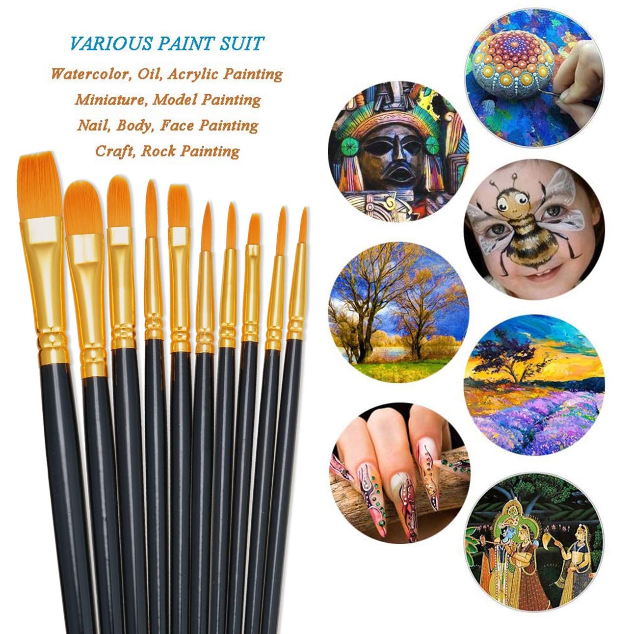 BOSOBO Paint Brushes Set, 6 Pack 60 Pcs Round Pointed Tip Paintbrushes Nylon Hair Artist Acrylic
