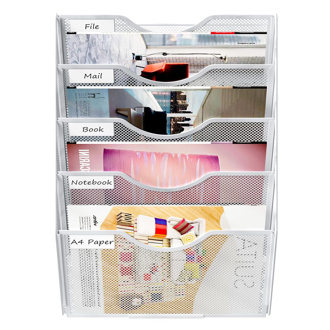 PAG-Mass Hanging Wall File Holder, 5 Tier Mail Sorter for Wall, Mesh Office Wall Organizer for