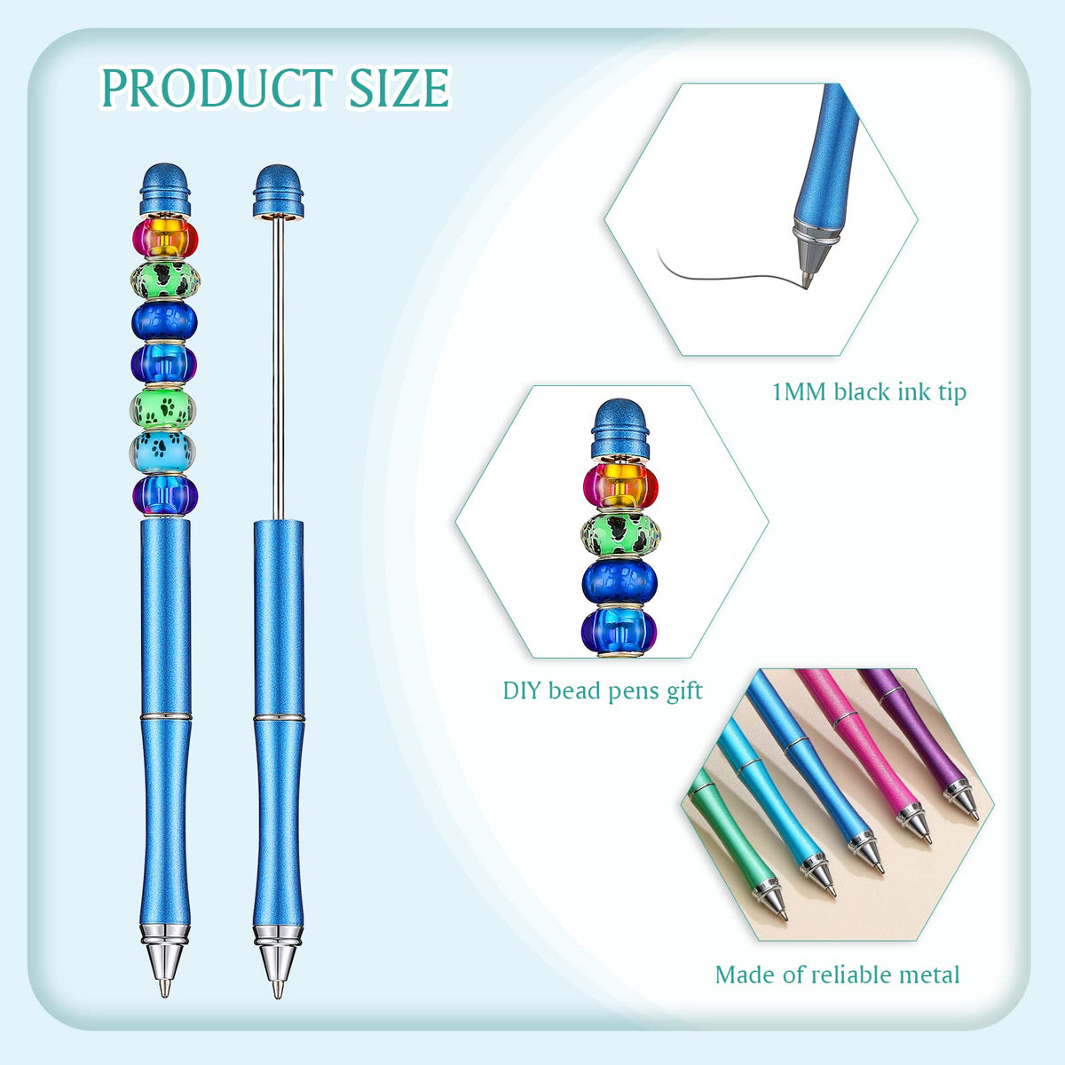 Chivao 10 Pieces Metal Beadable Pens Bulk Beaded Pens Black Ink Ballpoint with Refills Assorted