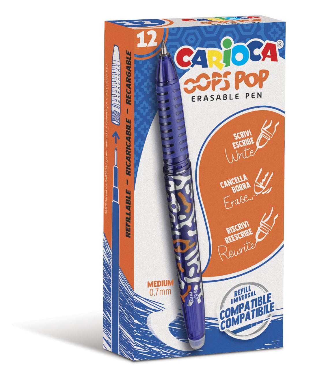 Carioca Oops Pop Erasable Pens Blue - 12 Pcs | Rechargeable Erasable Pens for School and Office