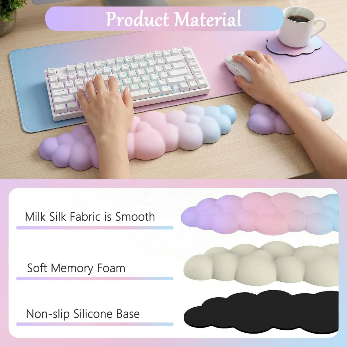 Cloud Mouse Pad Keyboard Wrist Rest 4PCS Extended Large Pink Sky Desk Mat Pad Set Memory Foam