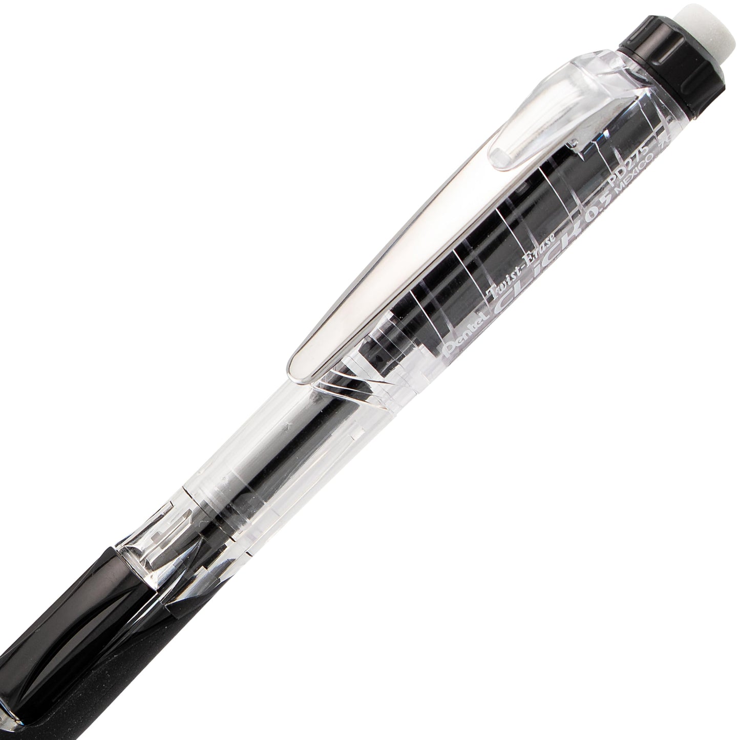 Pentel Twist Erase CLICK Mechanical Pencil, Pack of 12, (0.5mm), Clear Barrel, Black Grip, Box of