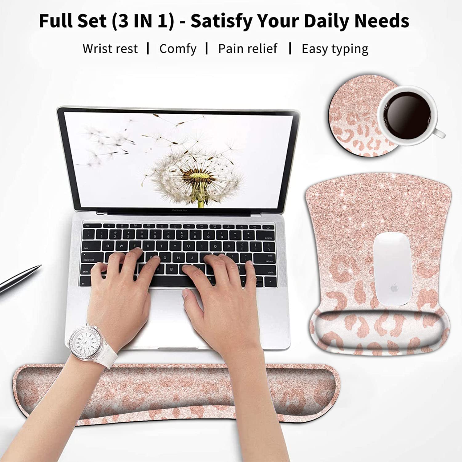 Keyboard Wrist Rest and Mouse Pad Wrist Support Set,Pink Leopard Star Pattern Ergonomic Gel Mouse