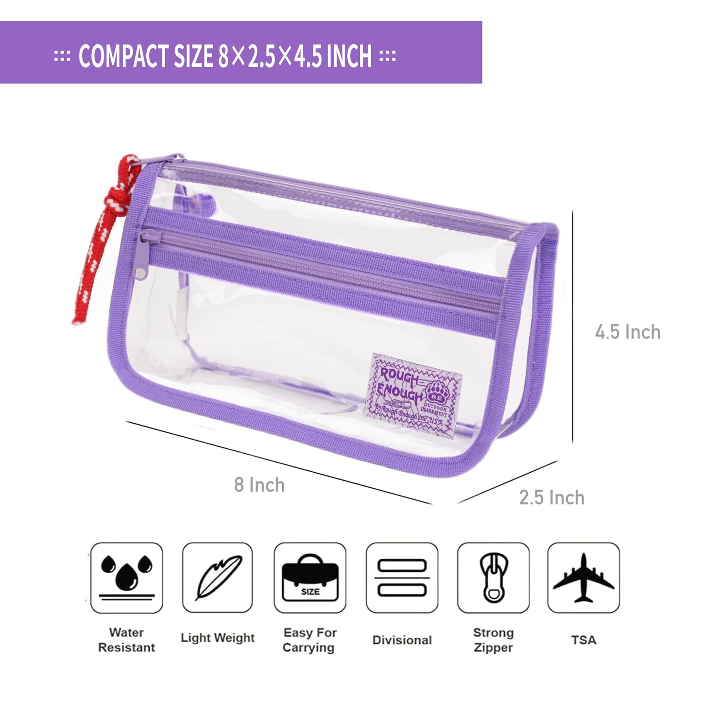 Rough Enough Clear Pencil Case for School, 60+ Pencils Capacity, Purple