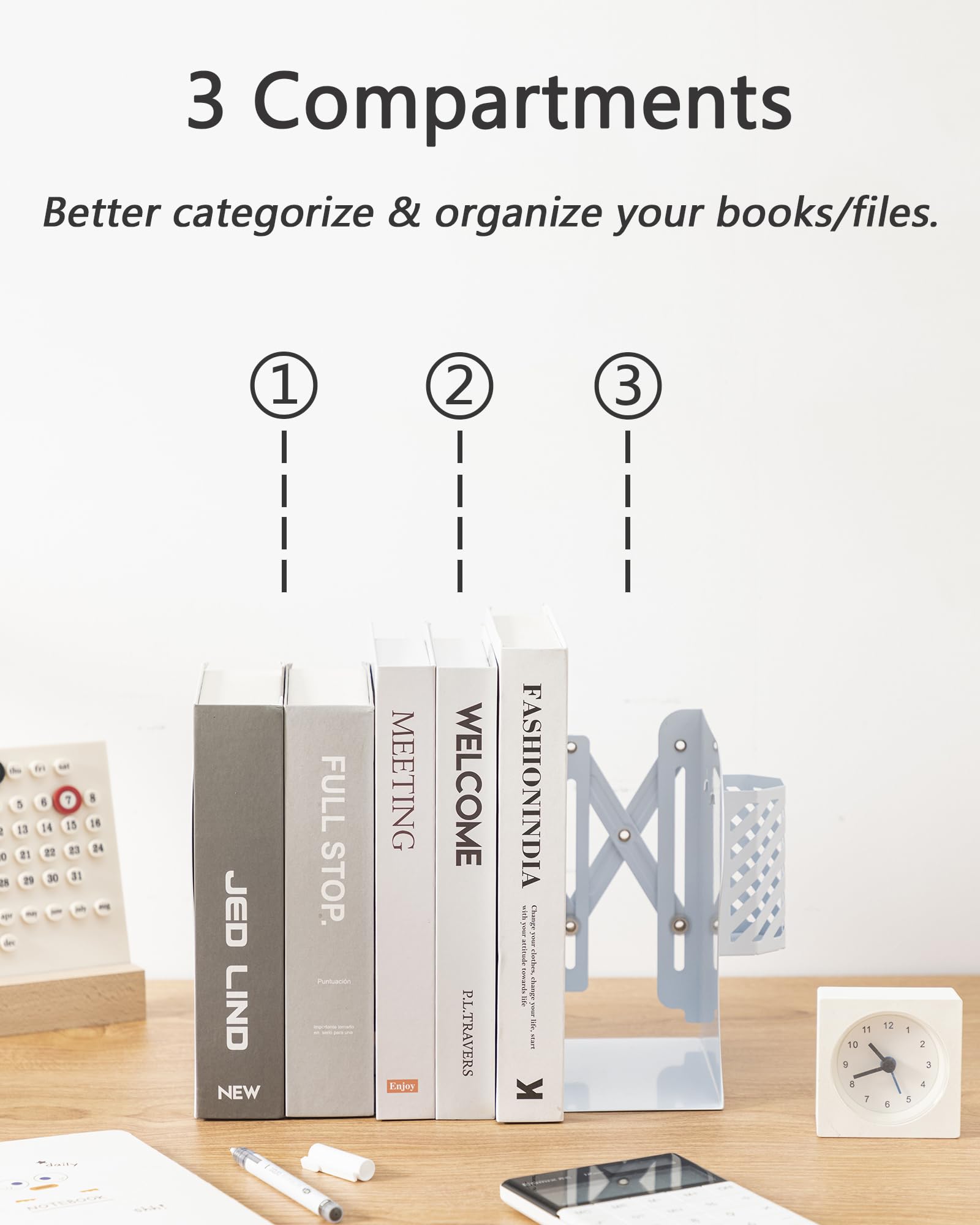 Kingsmile Book Ends, Adjustable Heavy Duty Metal Book Stoppers with Pen Holder for Desk Office