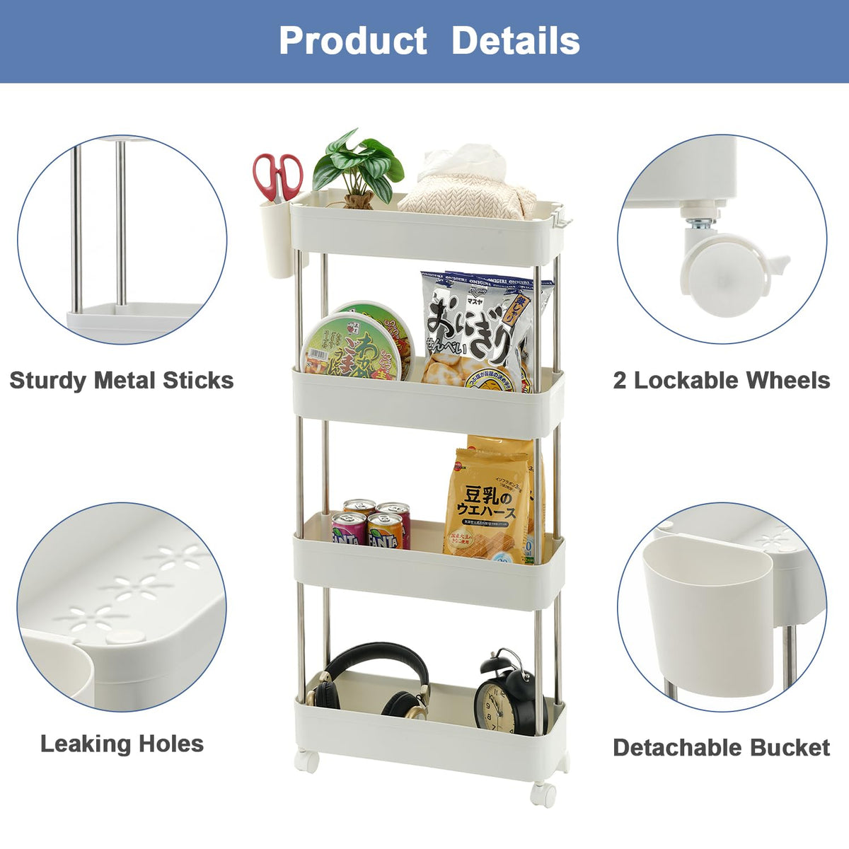 VECELO Storage Rolling Cart, 4 Tier Utility Cart Kitchen Slim Mobile Storage Unit Organizers with
