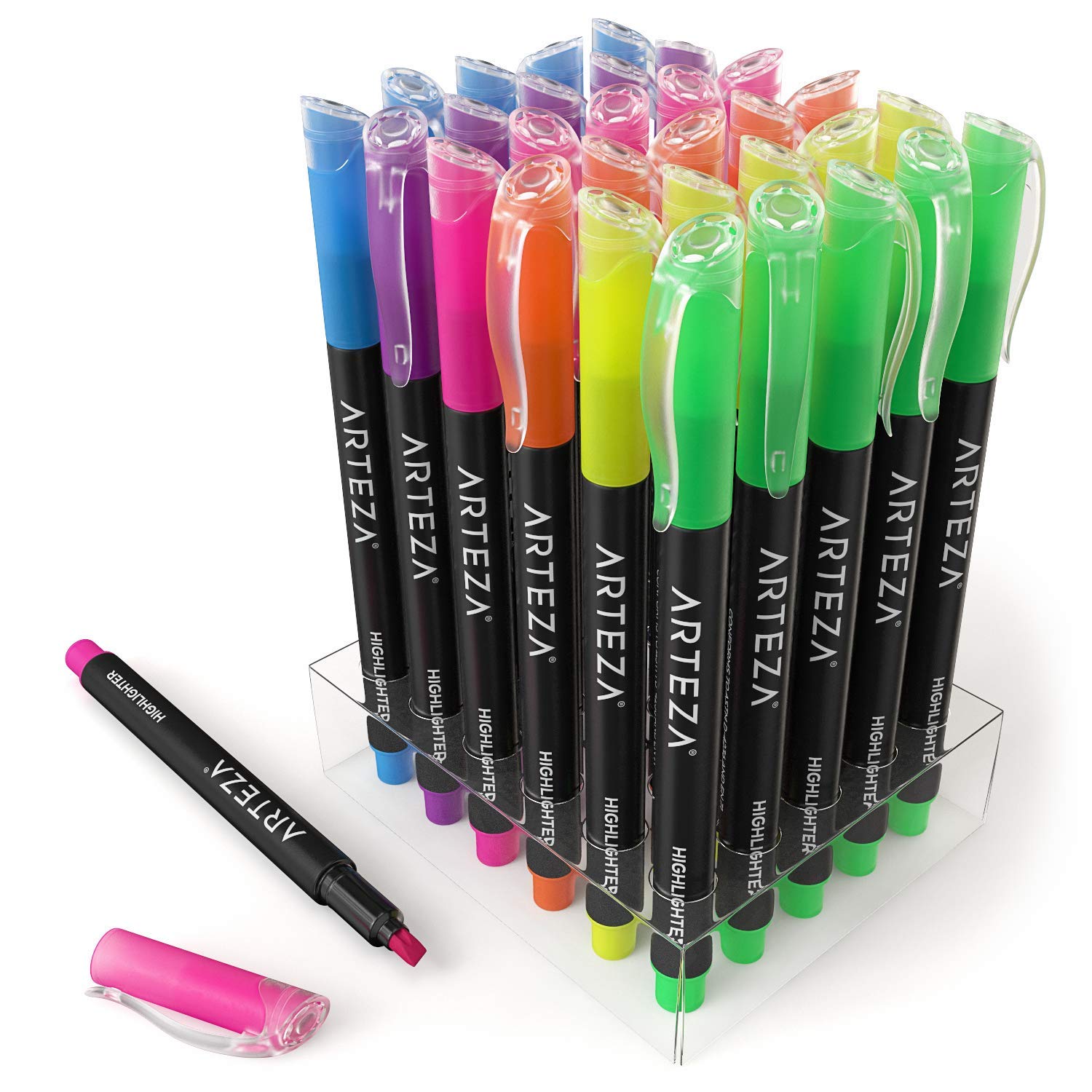 ARTEZA Highlighters Set of 30, Narrow Chisel Tip, Bulk Pack of Markers in 6 Assorted Neon Colors
