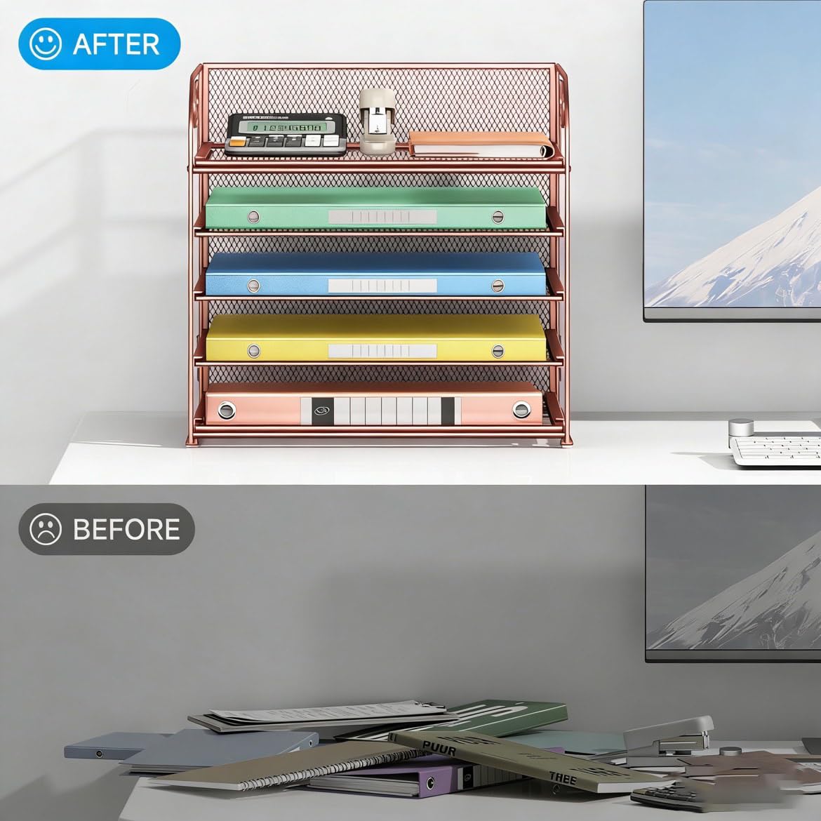 5 Tray Paper Organizer Letter Tray with Handle - Mesh Desk File Organizer, Paper Sorter Organizer