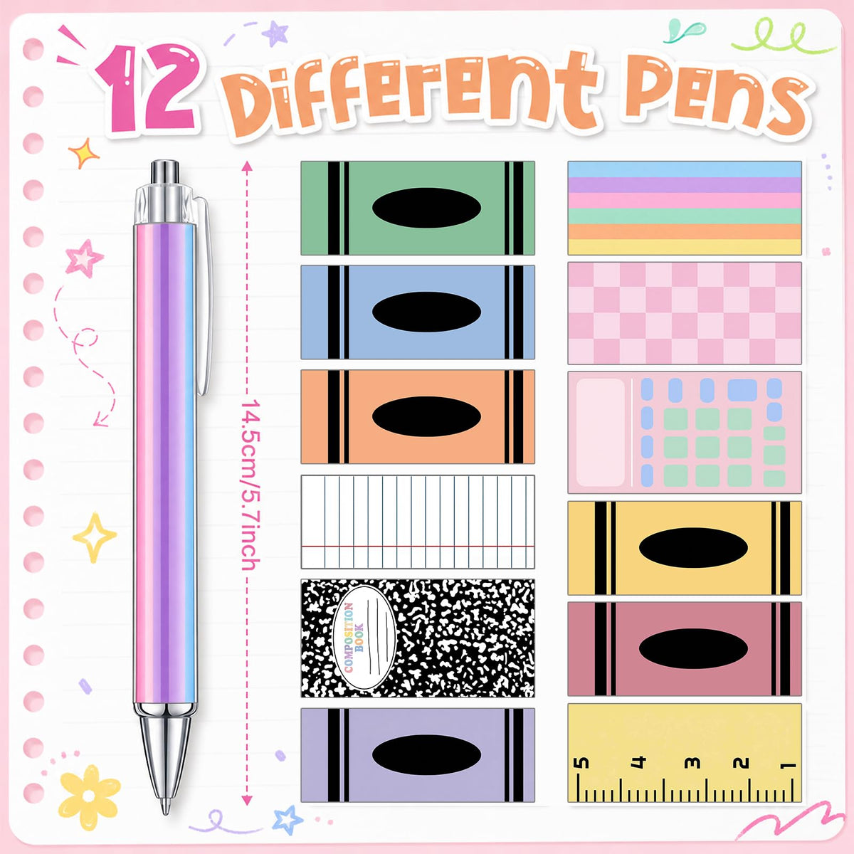 Cholemy 48 Pcs Composition Notebook Pens Bulk Pack, 12 Styles Retractable Ballpoint Pens, Cute