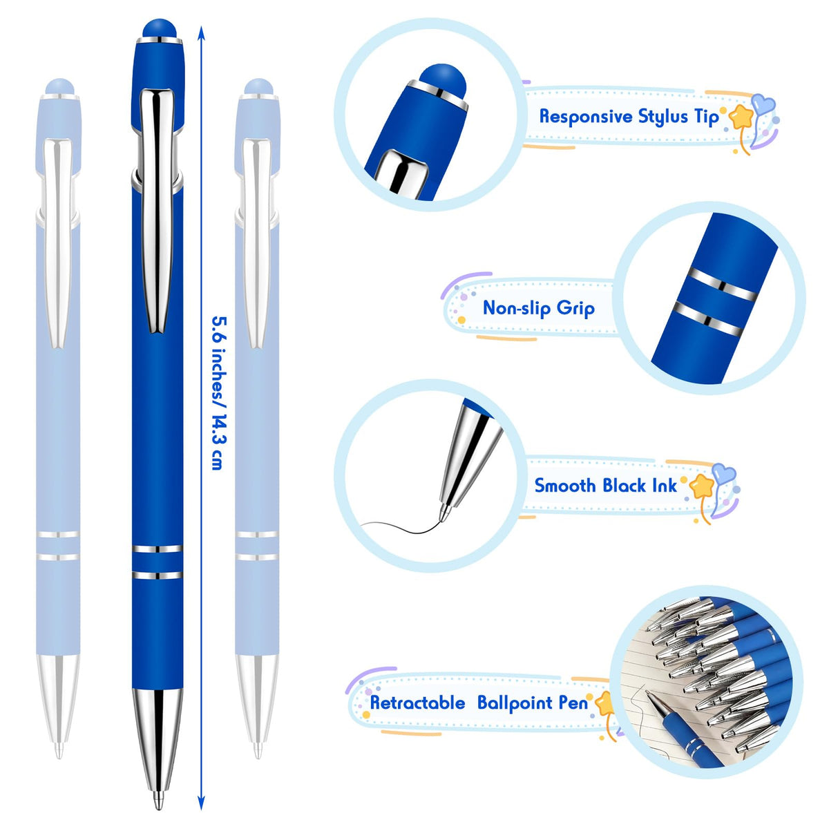 Yeaqee 100 Pieces Ballpoint Pen Bulk with Stylus Tip Click, Royal Blue