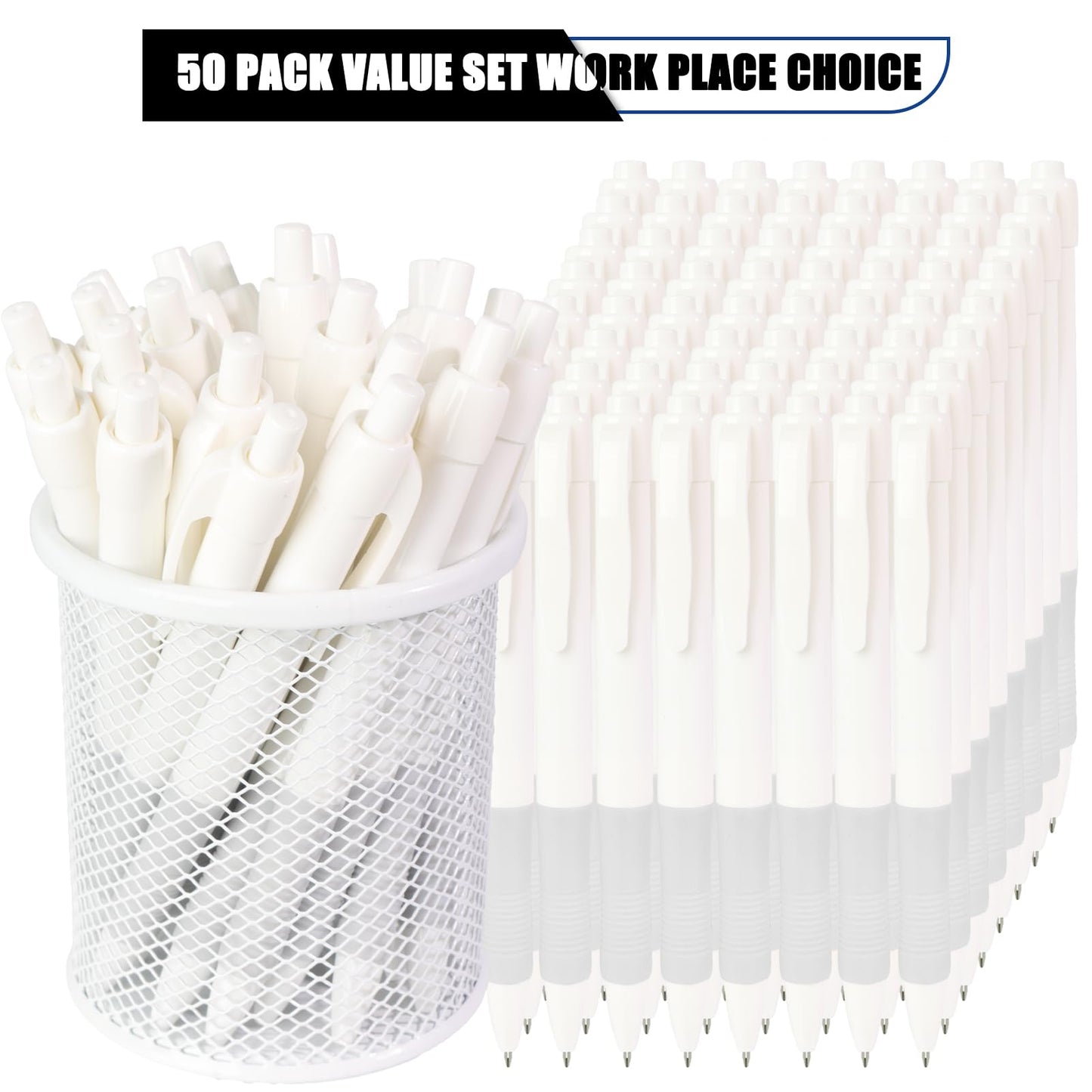 deegtran Pens Bulk, 50 Pack No Bleed White Barrel Black Ink Click Pens with Soft Grip, Wholesale