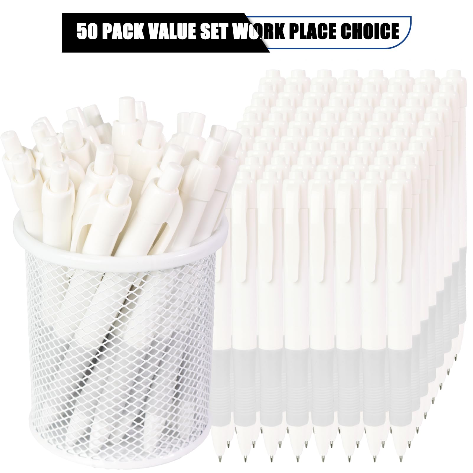 deegtran Pens Bulk, 50 Pack No Bleed White Barrel Black Ink Click Pens with Soft Grip, Wholesale