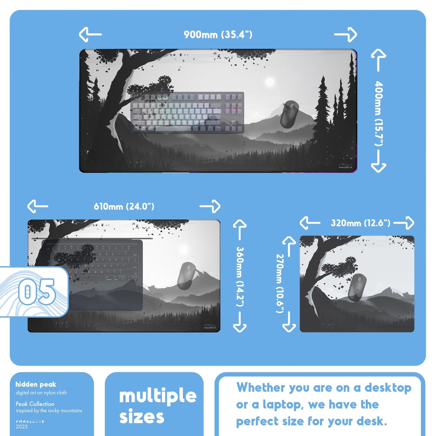 PhaseByte Hidden Peak Extended Gaming Mouse Pad - Non-Slip Desk Mat with Stitched Edges, Smooth