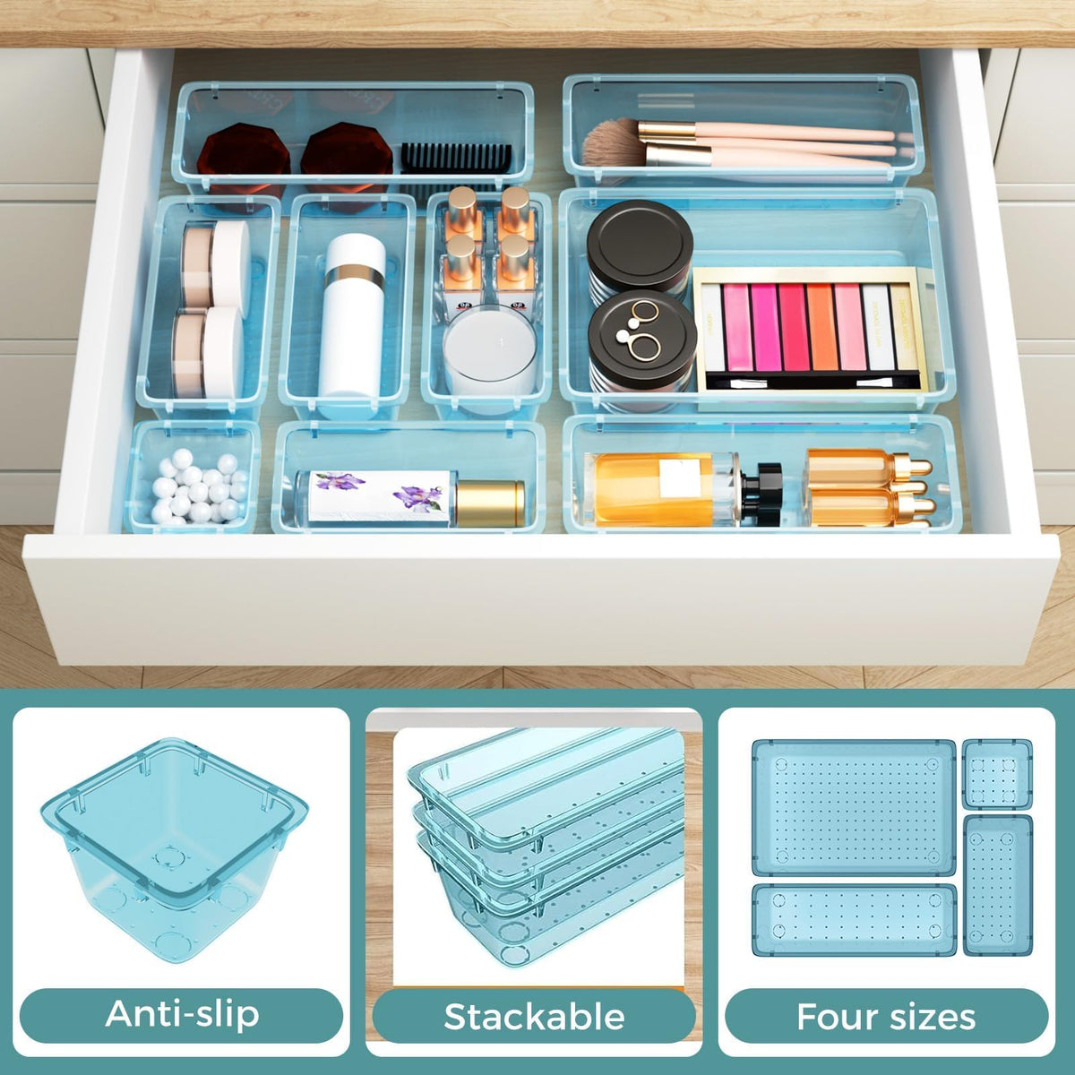 44 PCS Clear Plastic Drawer Organizer Set, 4 Sizes Storage Bins, Sea Blue
