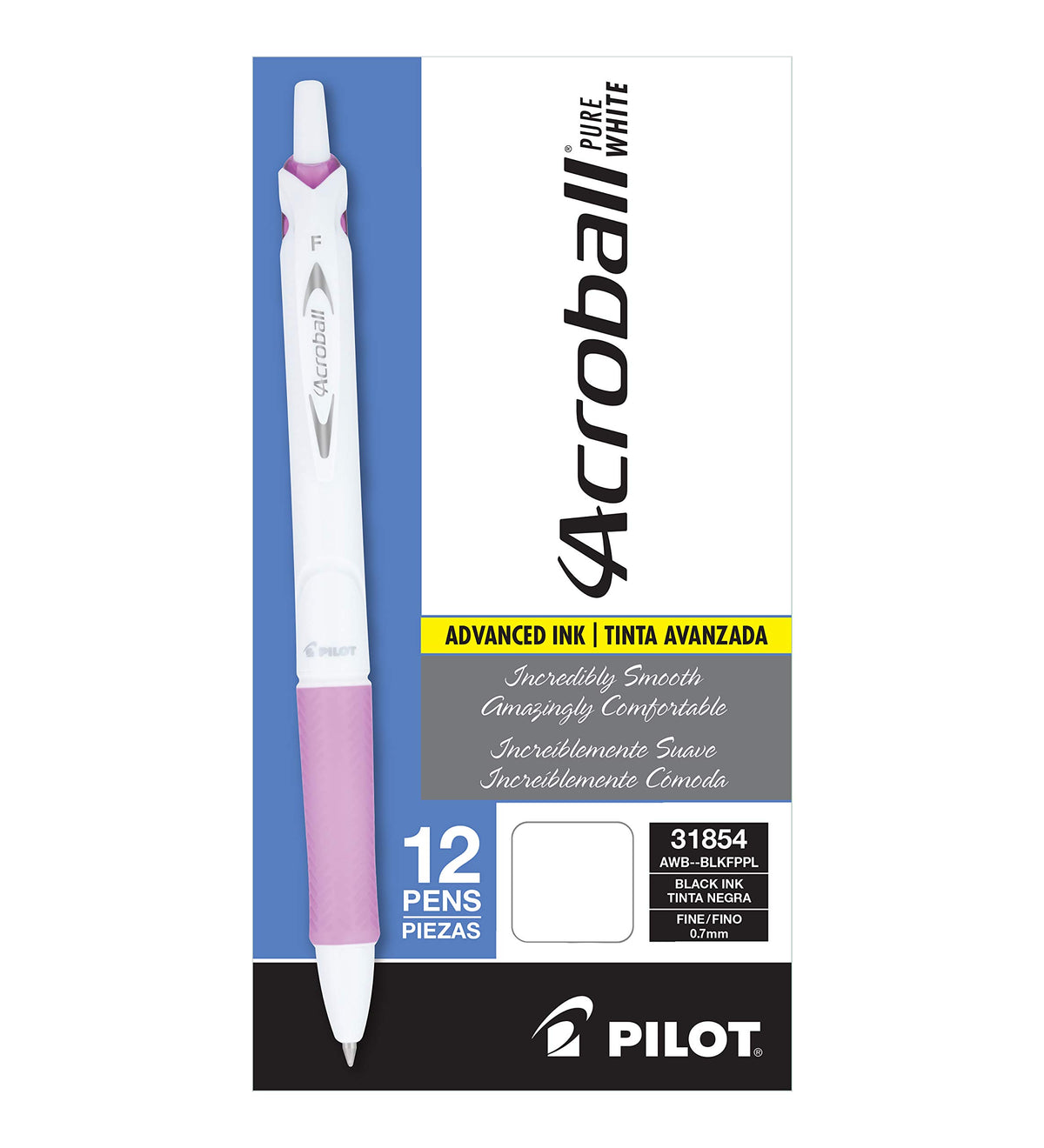 PILOT Acroball PureWhite Advanced Ink Ball Point Pens, 0.7mm, 12-Pack