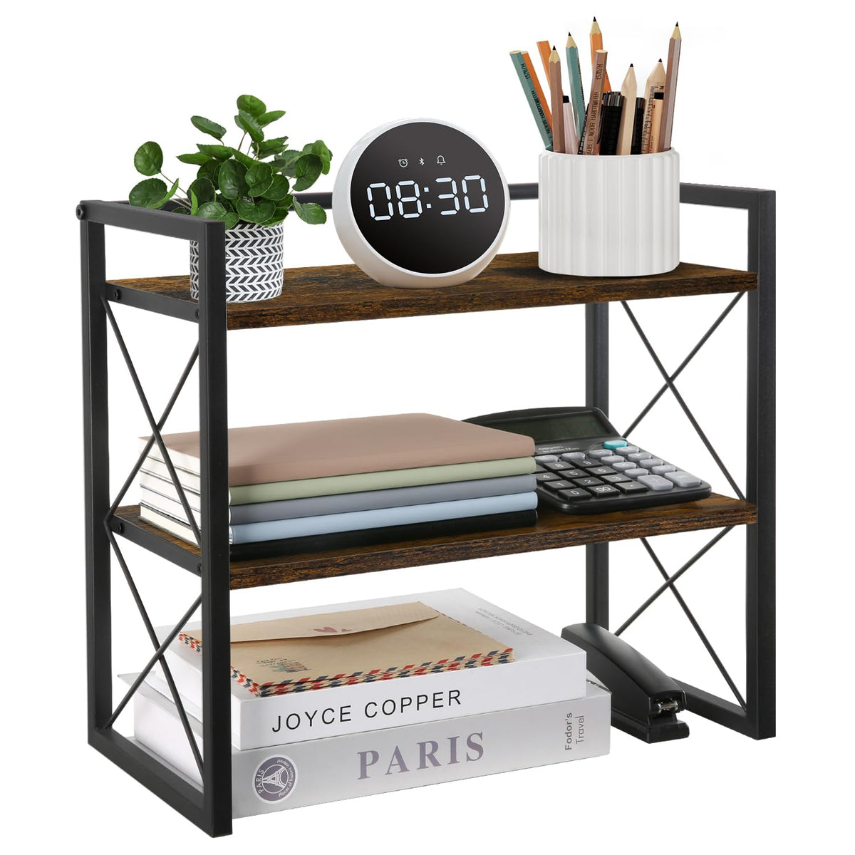 YINMIT Desktop Shelf Organizer, 2 Tier Office Shelves, Wood Desk Organizer Storage Rack and