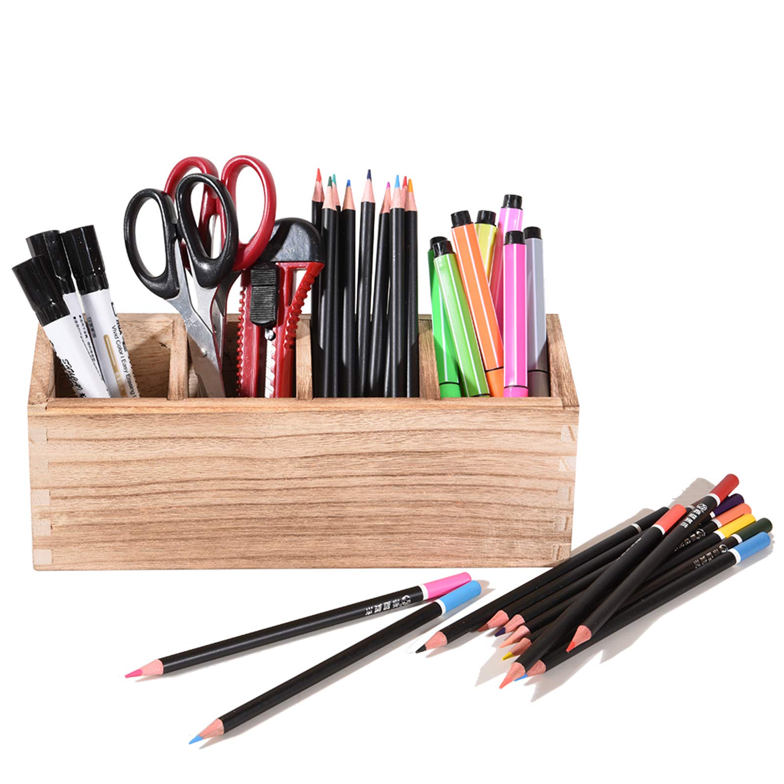 WuGeShop Wooden Pen Pencil Holder for Desk, 4 Compartment Rustic Rectangular Pen Organizer, Wood