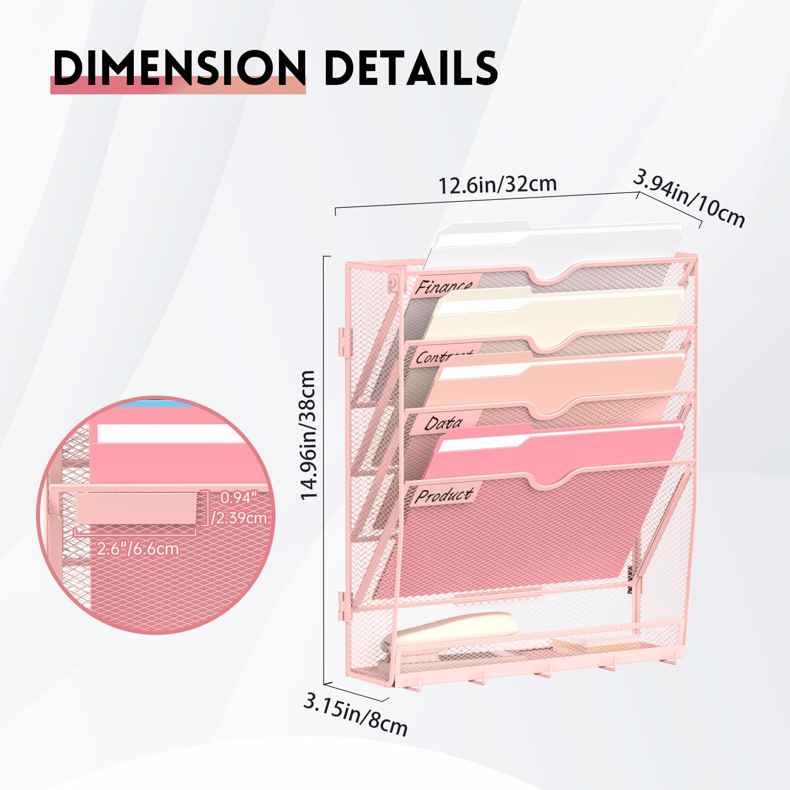 JMHUD 5-Tier Wall File Organizer and Mail Organizer with 5 Hooks, Pink