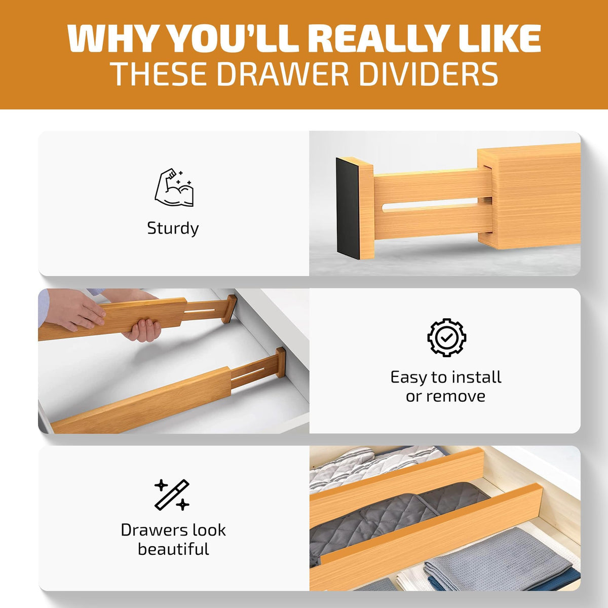 4-Pack Drawer Dividers 2.6-Inch High Dresser Drawer Organizer 16 to 22 Inch