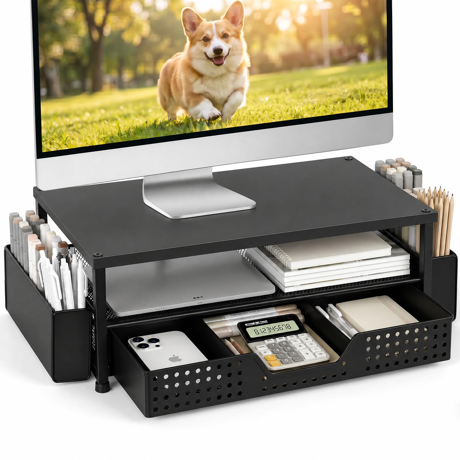 ECOLOVI Desk Organizer and Accessories, 2-Tier Computer Monitor Stand Rise with Storage Drawer & 2