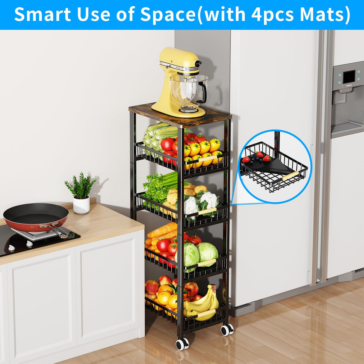 Fruit Vegetable Storage Basket for Kitchen, 5 Tier Large Pull-Out Metal Wire Baskets with 4 Pack