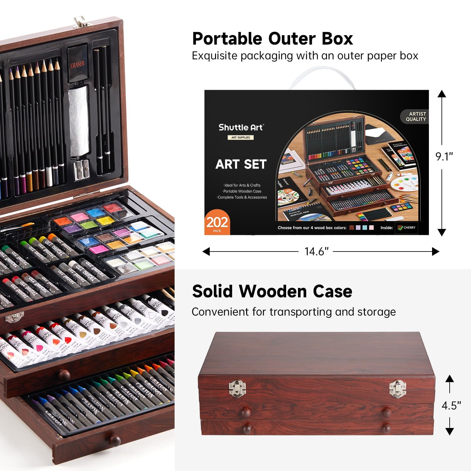 Shuttle Art Deluxe Gift Art Kit, 202-Piece Wooden Art Supplies Set with 4 Drawing Pads, Canvases